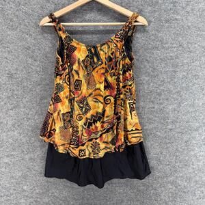 Ceeb Tankini Top Women 14 Orange Geometric Sleeveless Wide Strap Nylon Swim